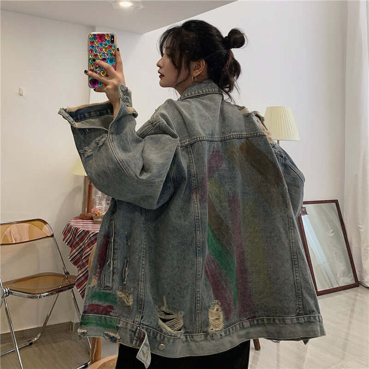 Street hip hop ripped jacket showcasing distressed details and relaxed fit, perfect for urban style enthusiasts.