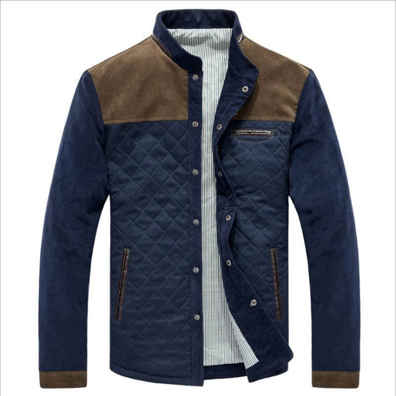 Men's autumn corduroy jacket featuring quilted design, structured collar, and button-up front in navy color.