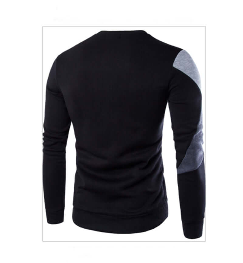 Back view of a black casual cotton knitted sweater for men with gray shoulder patches.