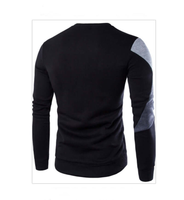 Back view of a black casual cotton knitted sweater for men with gray shoulder patches.