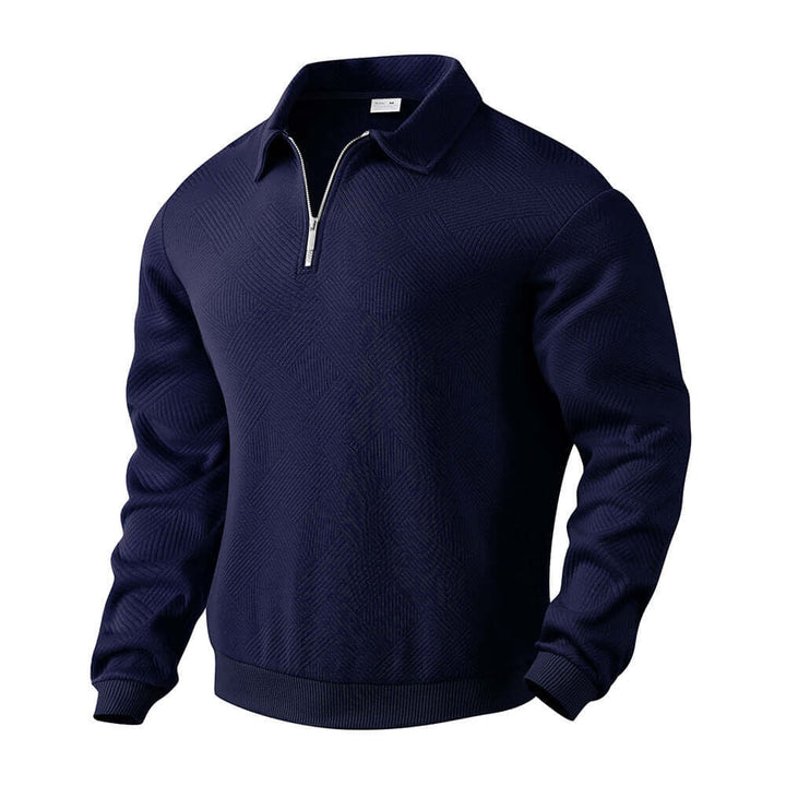 Men's navy half-zip sweatshirt with a modern design, ideal for layering and everyday wear.