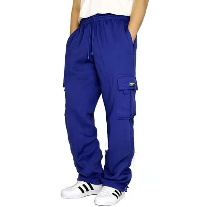 Men's blue jogger sweatpants with drawstring and cargo pockets, perfect for comfort and style.