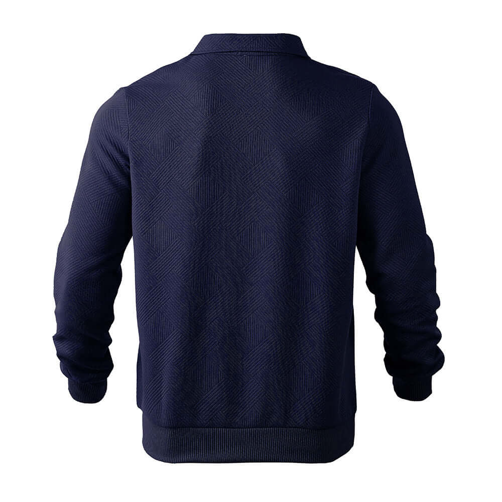 Men's half-zip sweatshirt in navy, showcasing a solid and sleek back design with textured fabric.