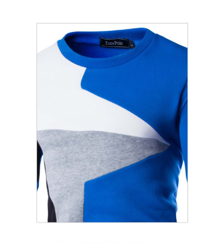 Close-up of a blue and grey casual cotton knitted sweater for men, showcasing its unique color block design.