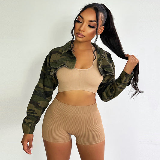 Ladies Lapel Long Sleeve Street Mini Jacket