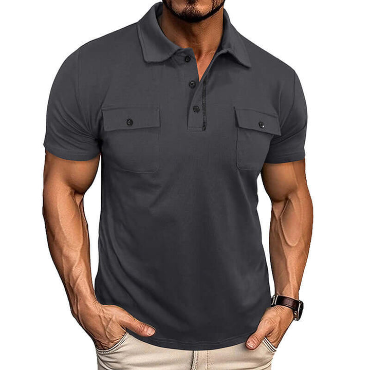 Men's summer polo shirt with pockets in dark gray, featuring a classic collar and short sleeves.