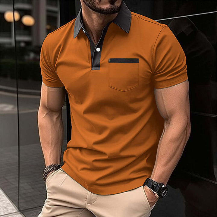Men's short-sleeved polo shirt in orange with a classic collar and pocket, perfect for casual and semi-formal wear.