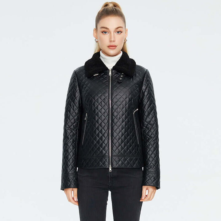 Women's quilted black casual jacket with a plush collar, perfect for stylish warmth in chilly weather.