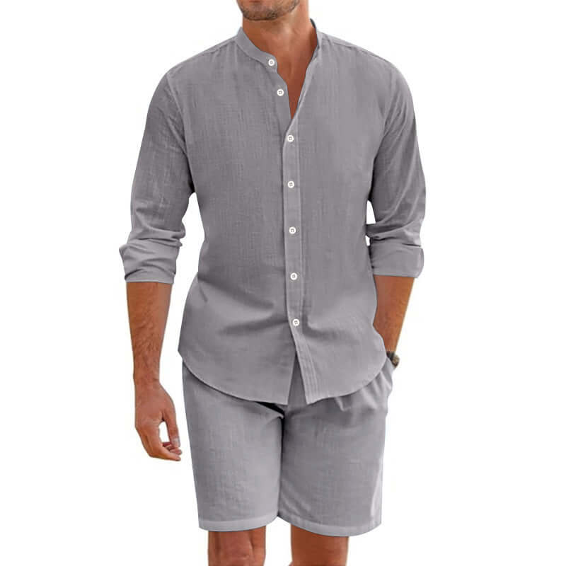 Men's summer shirt and shorts set in light gray, featuring a button-up shirt and relaxed-fit shorts for warm-weather style.