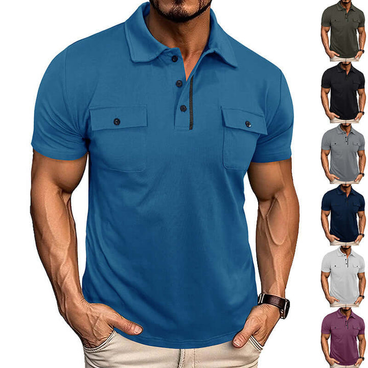 Men's summer polo shirt in blue with two chest pockets, perfect for warm weather and casual style.