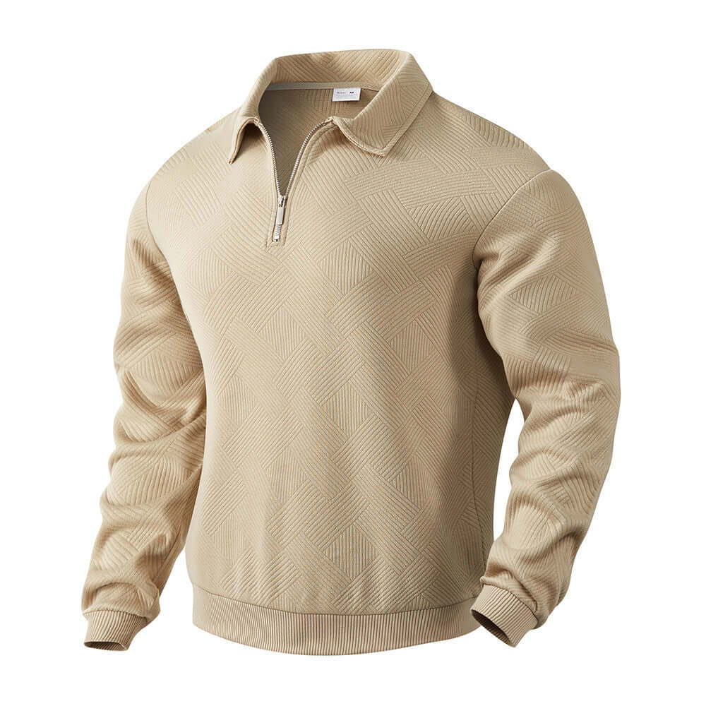Men's half-zip sweatshirt in beige with textured pattern, perfect for casual outfits and layering in any season.