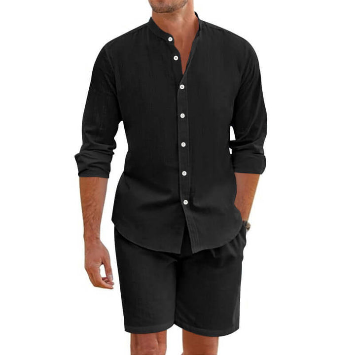 Men's summer shirt and shorts set in black, featuring a button-up shirt and relaxed-fit shorts for warm-weather style.