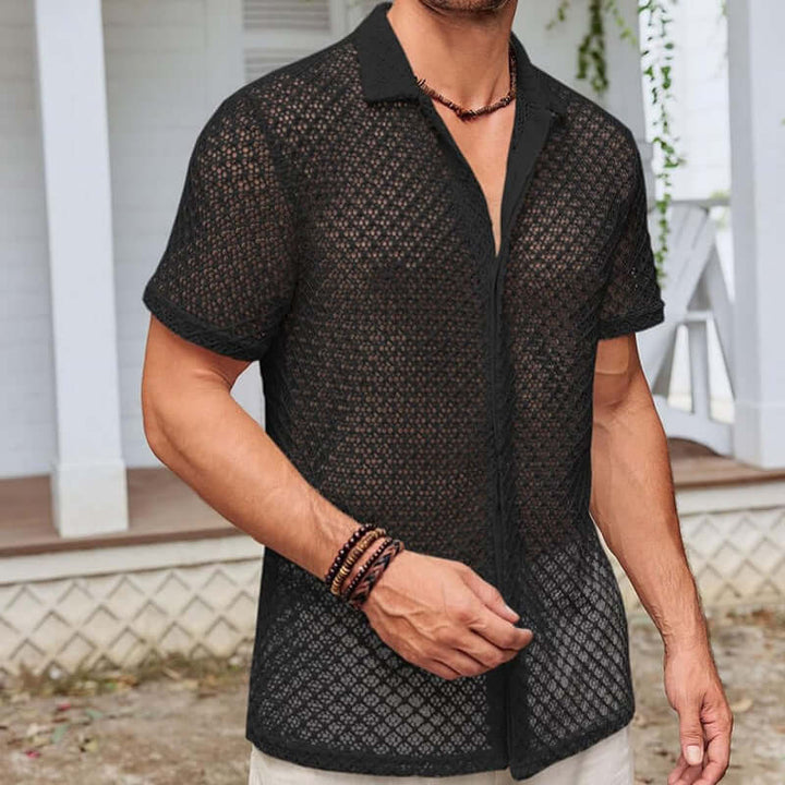 Men's summer mesh shirt in black, offering breathability and style for warm-weather outings.