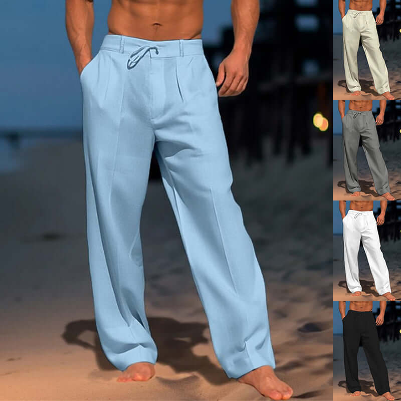 Wide-leg drawstring pants for men in various colors, offering comfort and modern streetwear style on the beach.