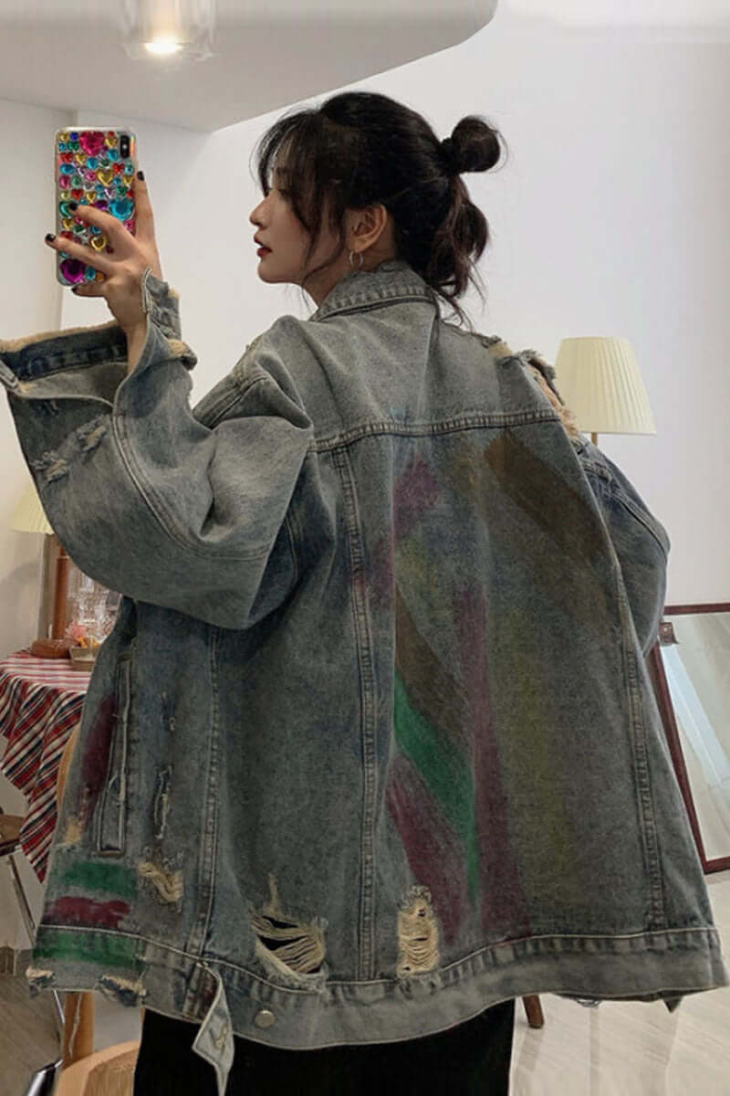 Street hip hop ripped long sleeve jacket with distressed details and relaxed fit, showcased from the back.