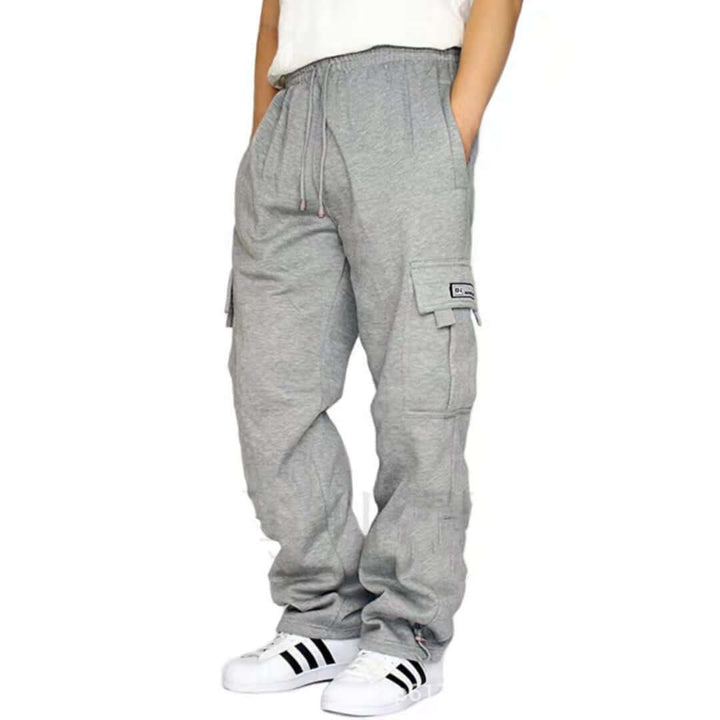 Men's gray jogger sweatpants with drawstring, featuring a tapered fit and side pockets, perfect for casual wear.