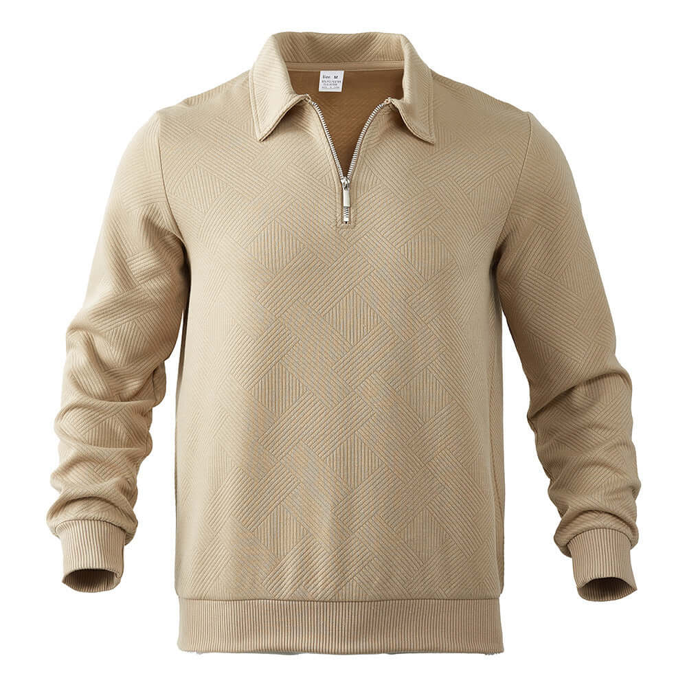 Men's half-zip sweatshirt in beige with textured pattern, perfect for casual and stylish outfits.