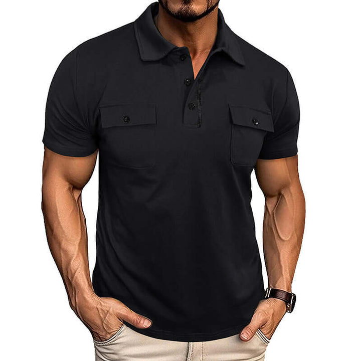Men's black summer polo shirt with pockets, short sleeves, and a classic collar for stylish comfort.