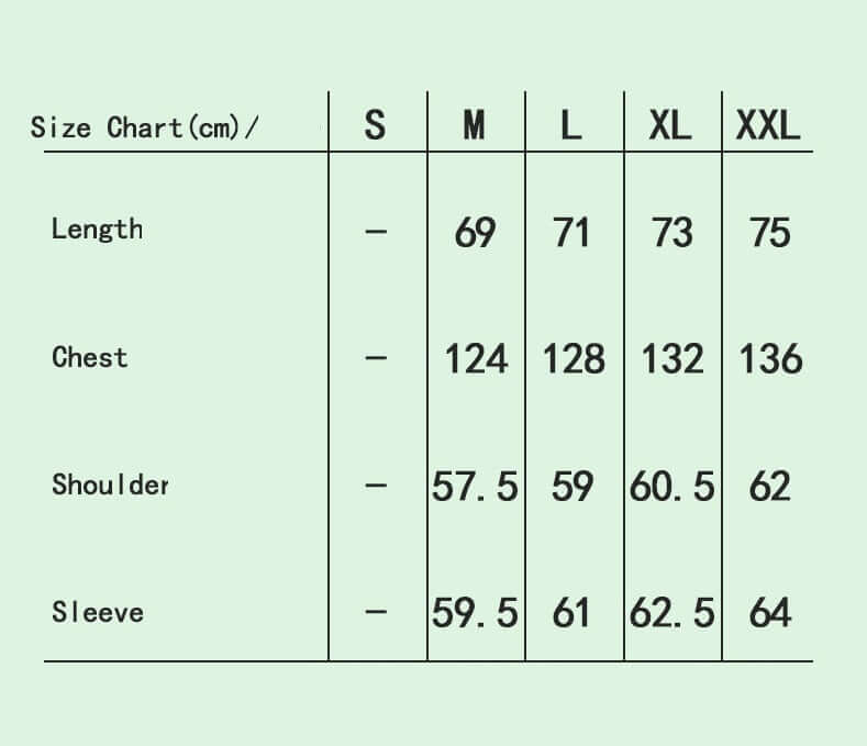 Men's denim jacket size chart including length, chest, shoulder, and sleeve measurements for S to XXL.