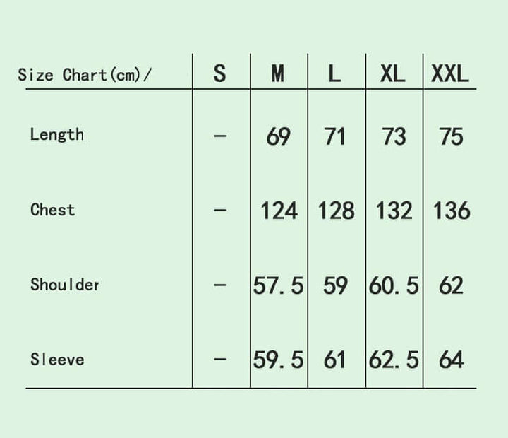 Men's denim jacket size chart including length, chest, shoulder, and sleeve measurements for S to XXL.