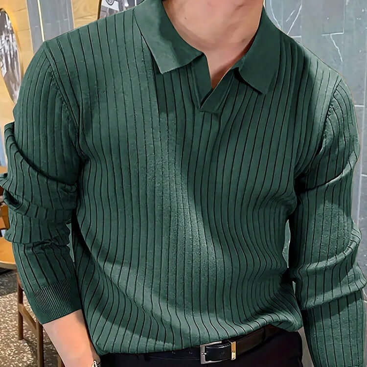 Men's slim knit polo shirt in dark green with textured ribbed design, perfect for casual and smart-casual outfits.