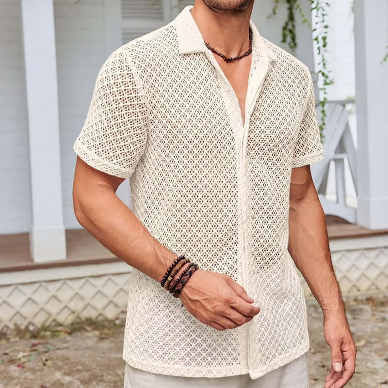 Men's summer mesh shirt in beige, featuring breathable fabric and stylish design, perfect for warm weather outings.