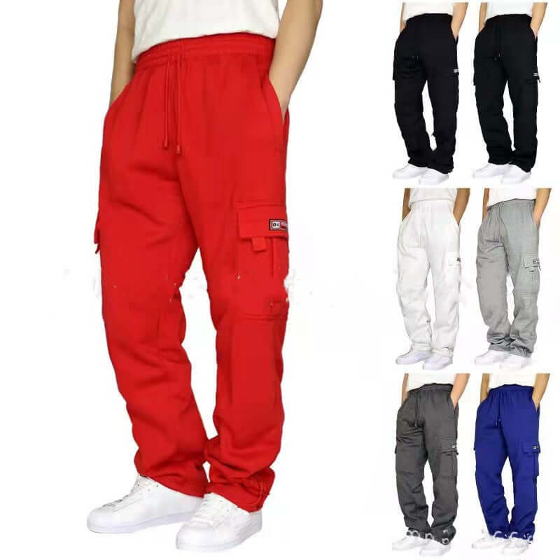 Men's jogger sweatpants with drawstring in red, black, white, grey, and blue colors for casual style and comfort.