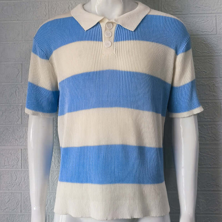 Summer lapel sweater for men in blue and white stripes, featuring a relaxed fit and open collar, ideal for warm-weather style.