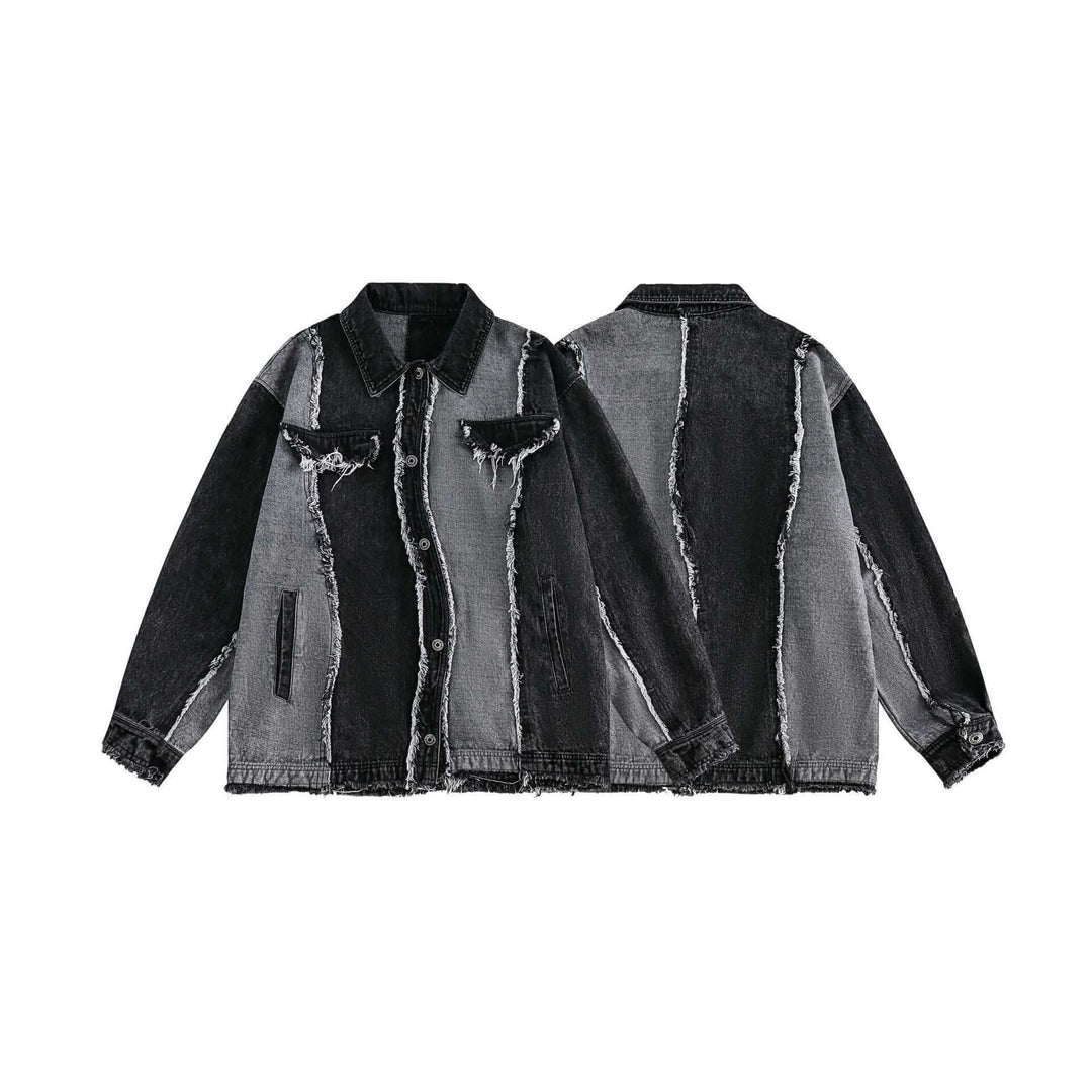 Men's denim jacket with stitching edging, showcasing a stylish black and gray contrast design, perfect for a modern wardrobe.