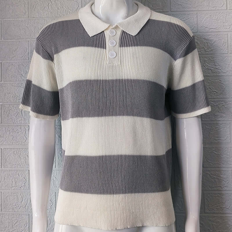 Men's summer lapel sweater in gray and white stripes with a polo collar, perfect for casual summer wear.