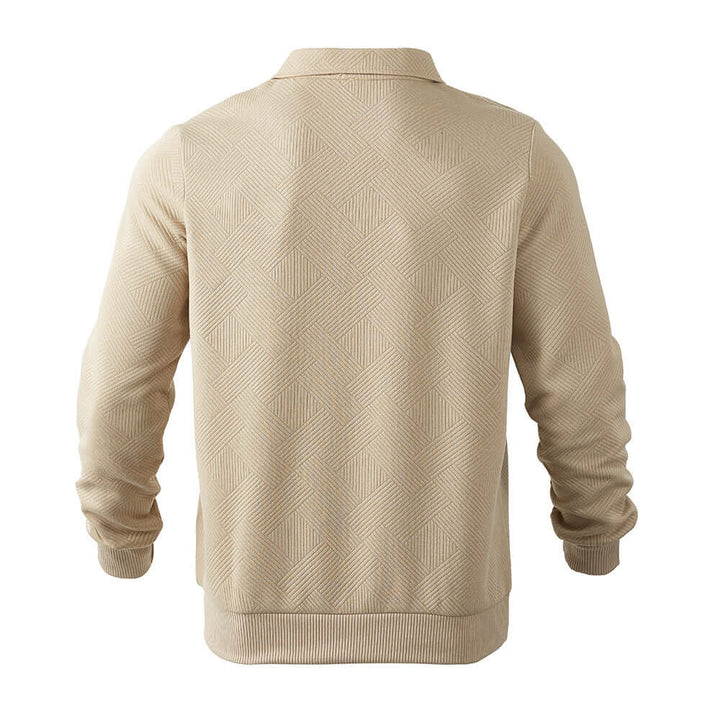Men's half-zip sweatshirt in beige with textured design, showcasing modern and stylish back view.