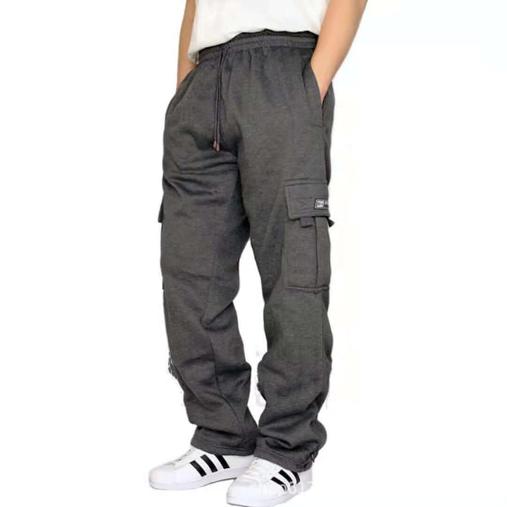 Men's jogger sweatpants in dark gray with drawstring and cargo pockets, perfect for comfort and style.