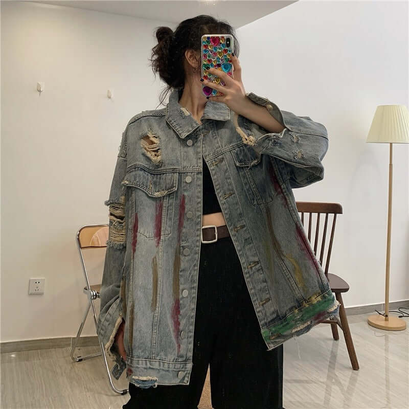 Street hip hop ripped jacket featuring distressed details and bold colors for an urban edgy style.