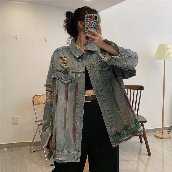 Street hip hop ripped jacket featuring distressed details and bold colors for an urban edgy style.
