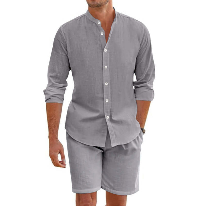 Men's summer shirt and shorts set in light gray, featuring a short-sleeve button-up and relaxed-fit shorts.