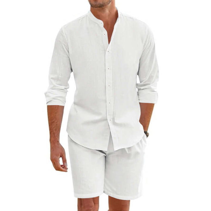Men's summer shirt and shorts set in white, perfect for warm-weather casual outings and beach trips.