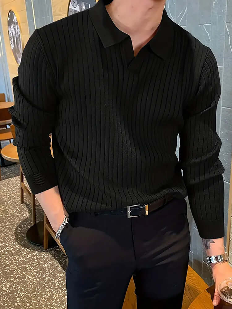 Men's black slim knit polo shirt with textured ribbed design, styled for a modern casual look.