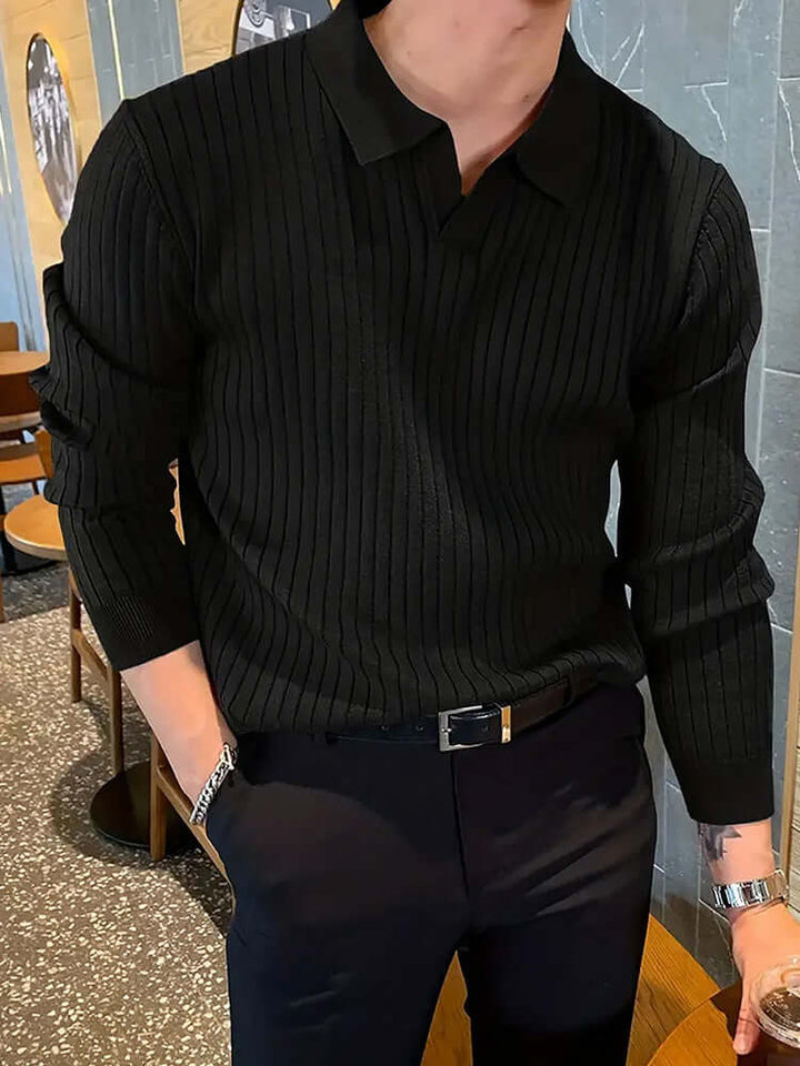 Men's black slim knit polo shirt with textured ribbed design, styled for a modern casual look.