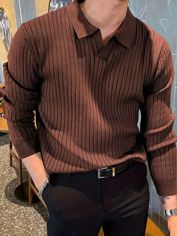 Men's slim knit polo shirt in brown waffle design, offering a modern fit for casual and smart-casual occasions.