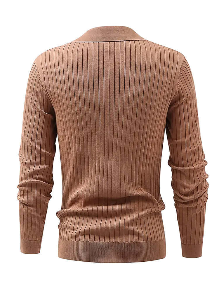Back view of a men's slim knit polo shirt in a textured waffle design, showcasing ribbed texture and modern fit.