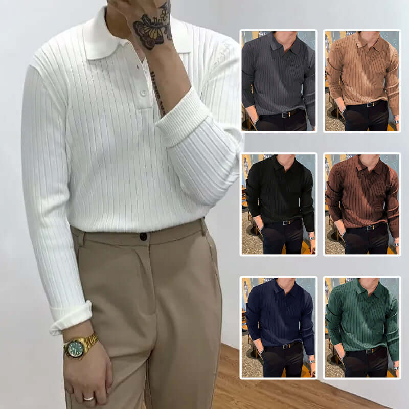 Men's slim knit polo shirt in various colors, showcasing textured waffle design for modern style and comfort.