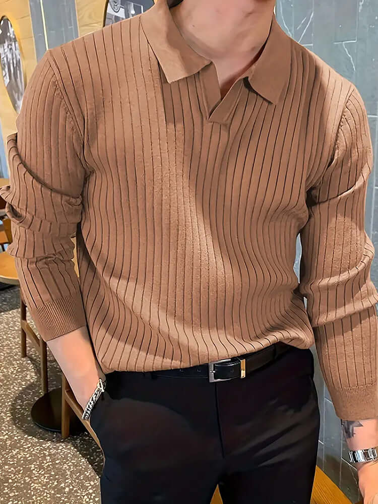 Men's slim knit polo shirt in textured waffle design, perfect for casual or smart-casual outfits.