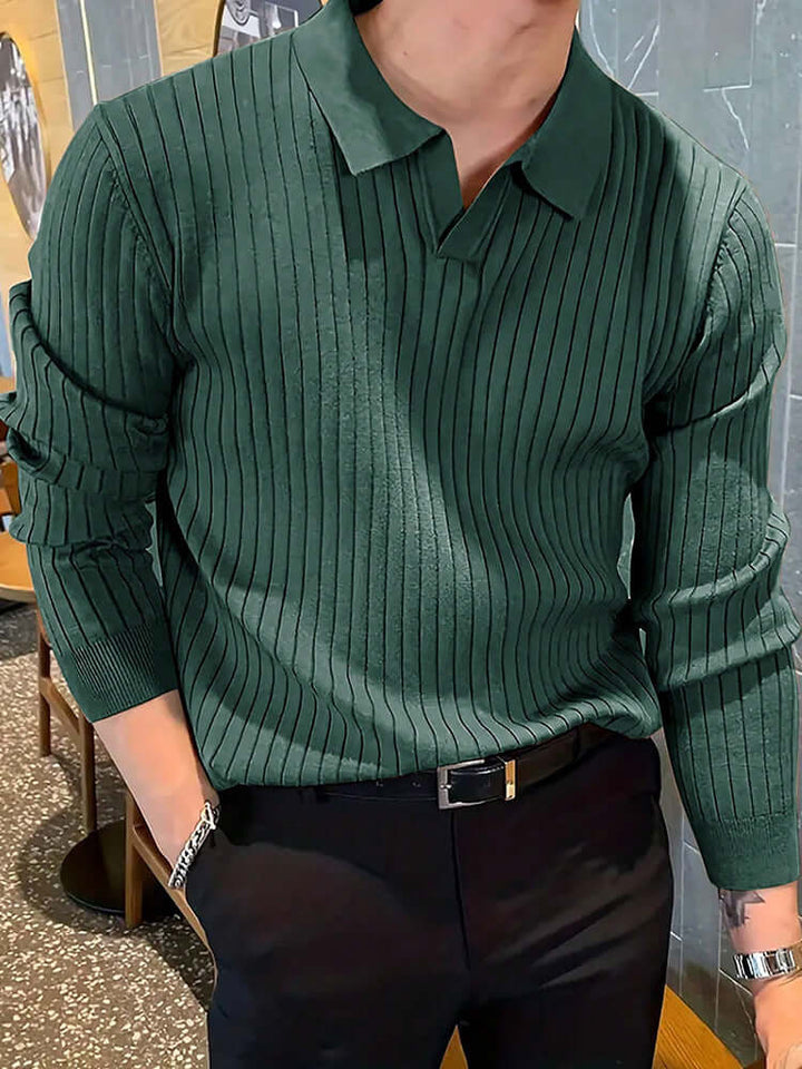 Men's slim knit polo shirt in dark green with textured waffle design, perfect for casual and smart-casual outfits.