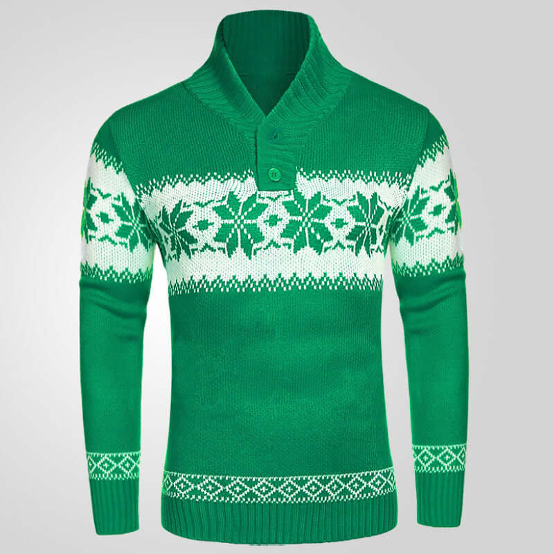Men's green pullover sweater with white snowflake pattern, perfect for Autumn and Winter layering and warmth.