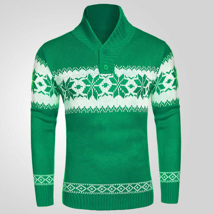 Men's green pullover sweater with white snowflake pattern, perfect for Autumn and Winter layering and warmth.