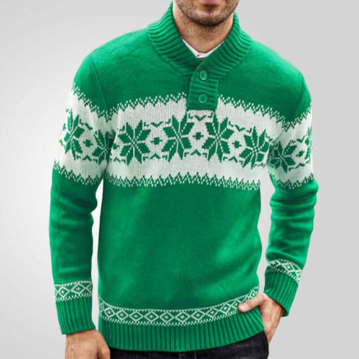 Men's green pullover sweater with winter snowflake pattern, perfect for Autumn and Winter layering.