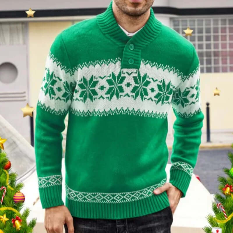 Men's green pullover sweater with white snowflake pattern, perfect for autumn and winter layering.