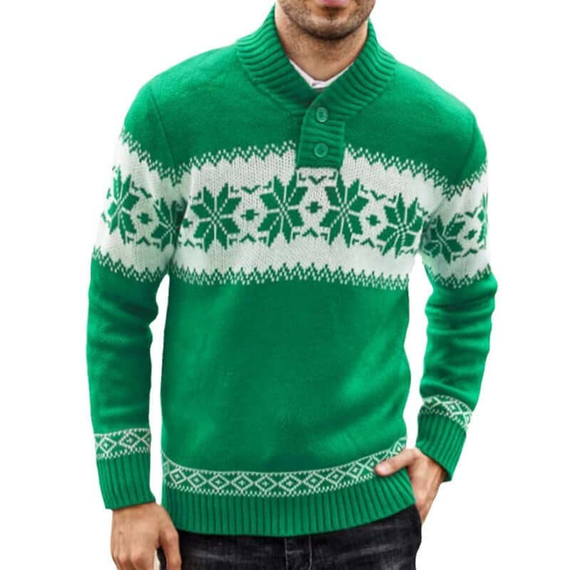 Men's green pullover sweater with white snowflake design, perfect for autumn and winter fashion.
