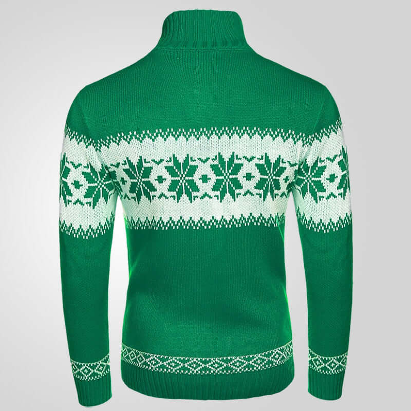 Men's green pullover sweater with white snowflake design, perfect for autumn and winter layering.