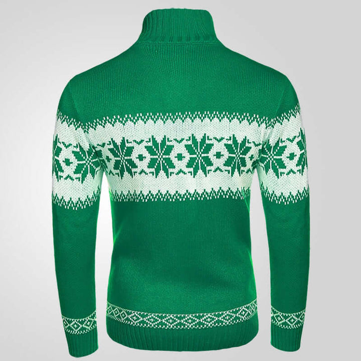Men's green pullover sweater with white snowflake design, perfect for autumn and winter layering.